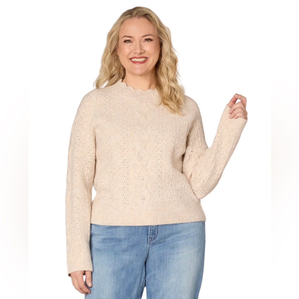 Democracy Heather Lt. Oatmeal Long Sleeve Scallop Edge Neck Pointelle Sweater